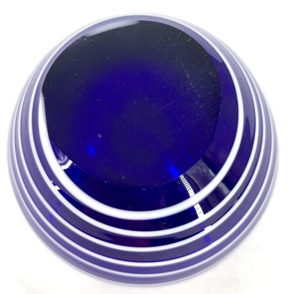 Cobalt Blue Vase Art Glass Iridescent White Swirled Small 3 1/4" - Picture 6 of 6
